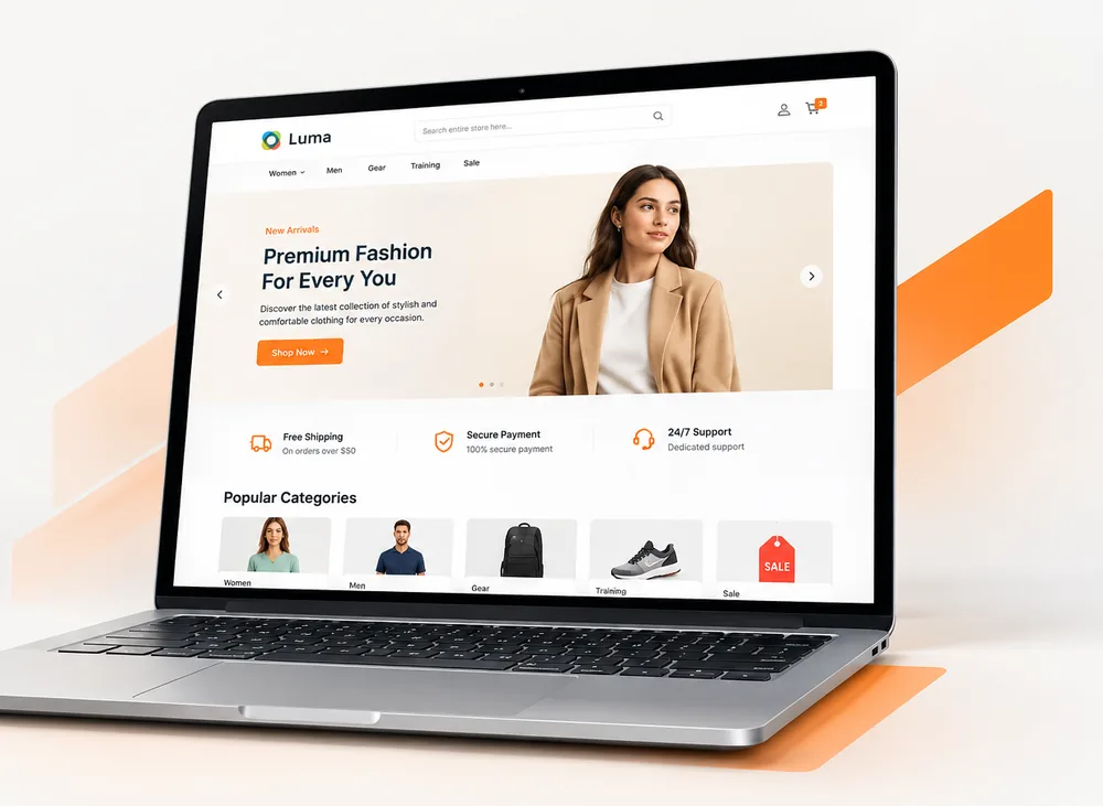 Magento 2 fashion store shown on a laptop